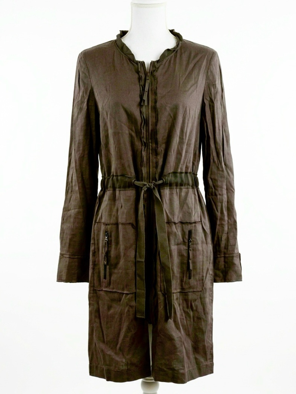 Elie Tahari Dark Olive Green Linen Blend Zip Utility Dress Trench Style Size 8